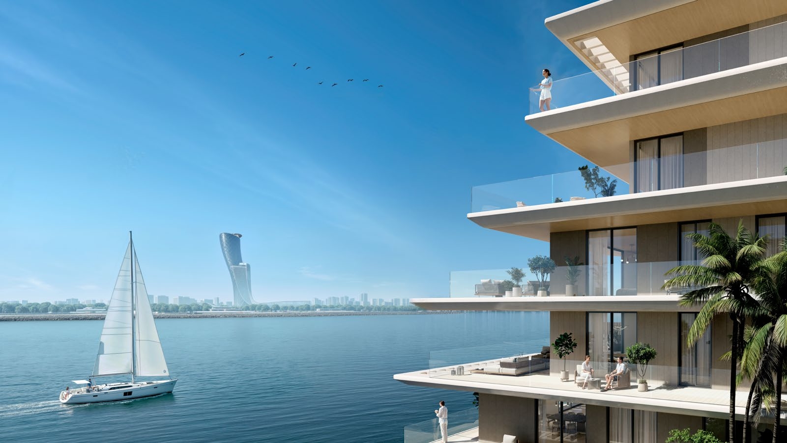 Bashayer Residences waterfront balcony with sea view and sailboat